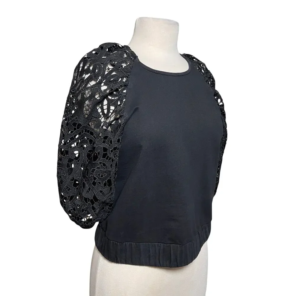 ANTHROPOLOGIE DOLAN Women’s Black Lace 3/4 Puff Sleeve Bubble Hem top